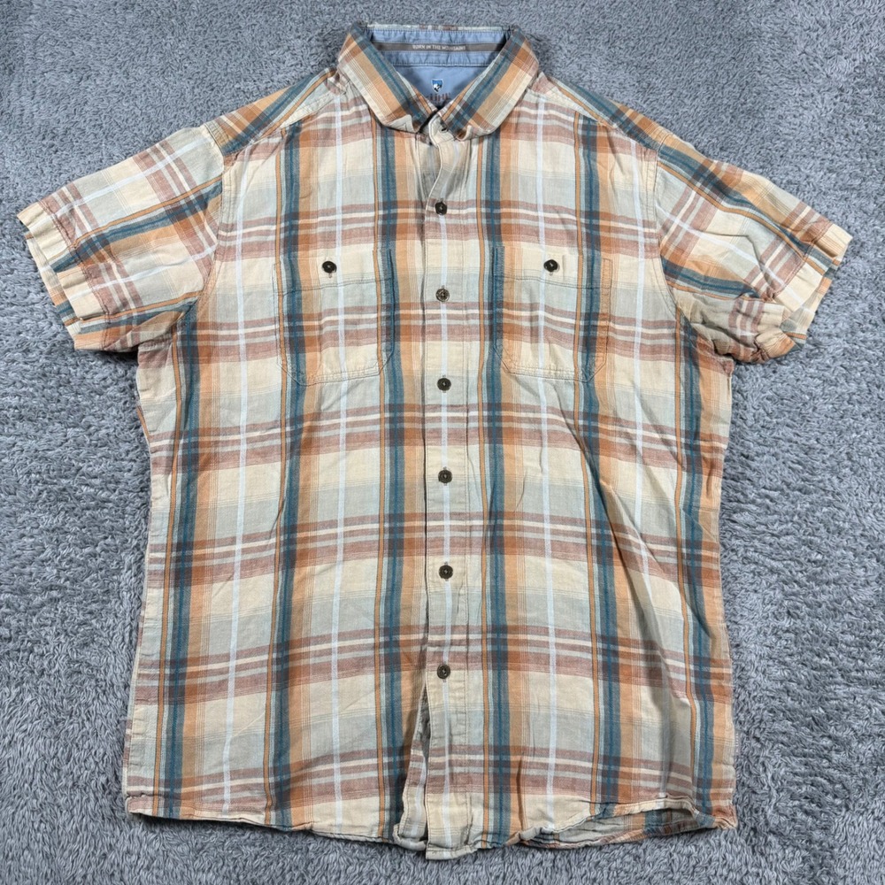 Kuhl Skorpio Shirt Mens Medium Multicolor Plaid Short Sleeve Linen Blend Pockets